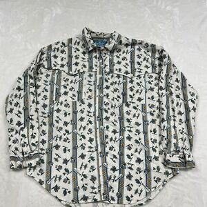 Southwest Canyon Button Down Shirt Mens Large Cream Desert Cactus Guitar Print
